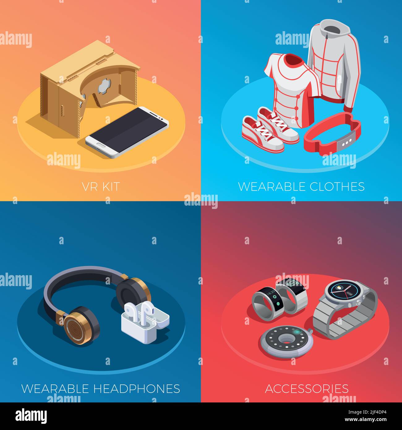 Wearable technology concept 4 isometric compositions with tracking