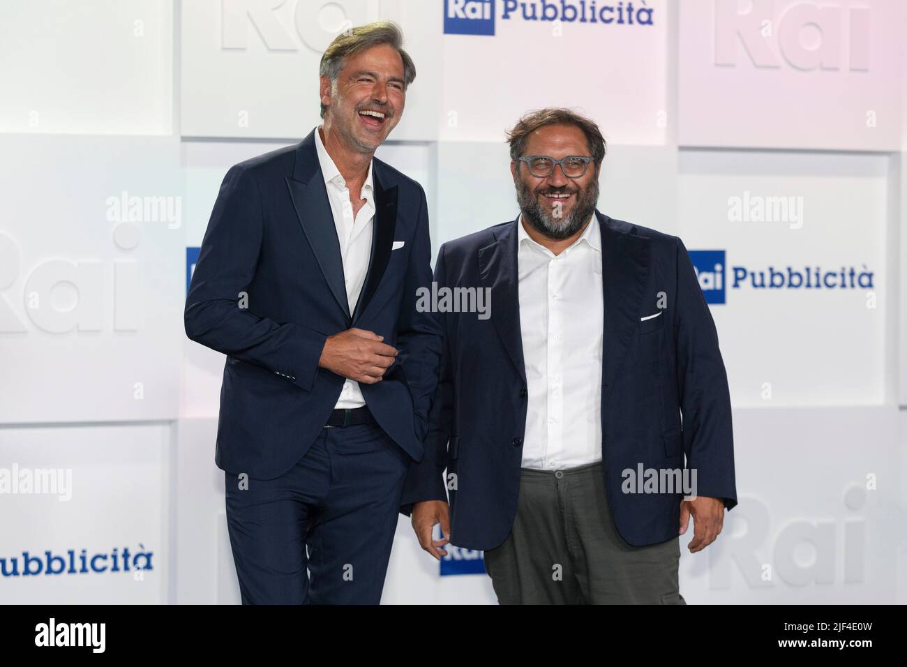 MILAN, ITALY - JUNE 28: Beppe Convertini and Giuseppe Calabrese attend the Rai 2022/2023 Show Schedule Presentation at Rai Milan Studios on June 28, 2 Stock Photo