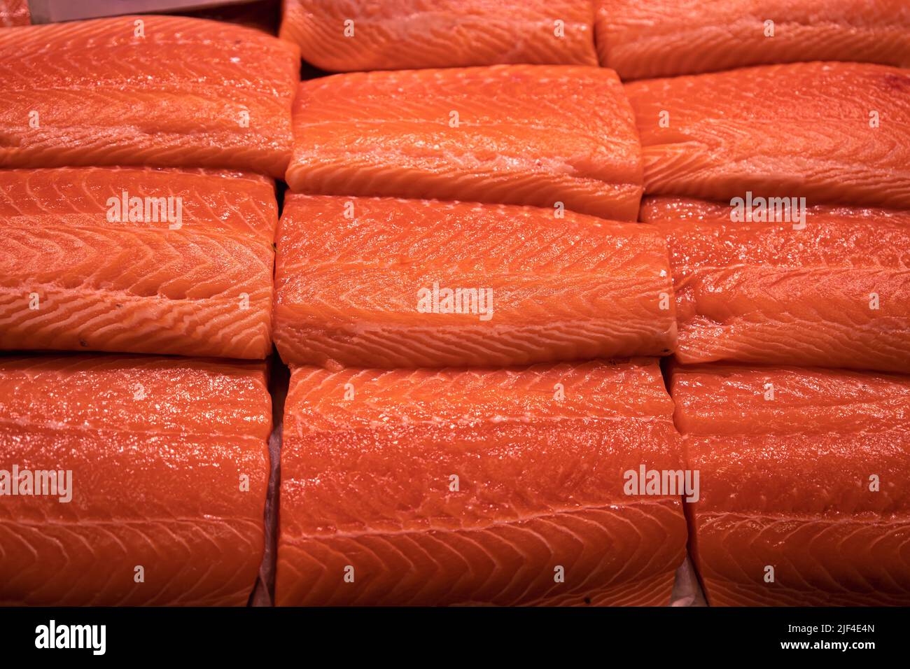 Several fresh salmon fillets. High social class sea food. Raw Fish. Stock Photo