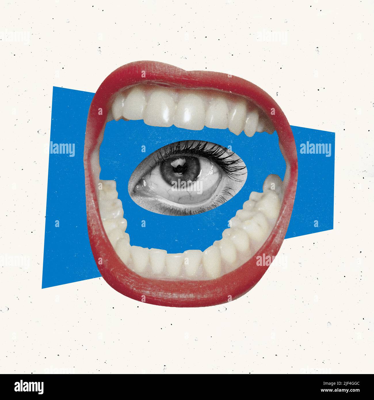 Contemporary art collage. Conceptual image with female eye inside mouth isolated over white