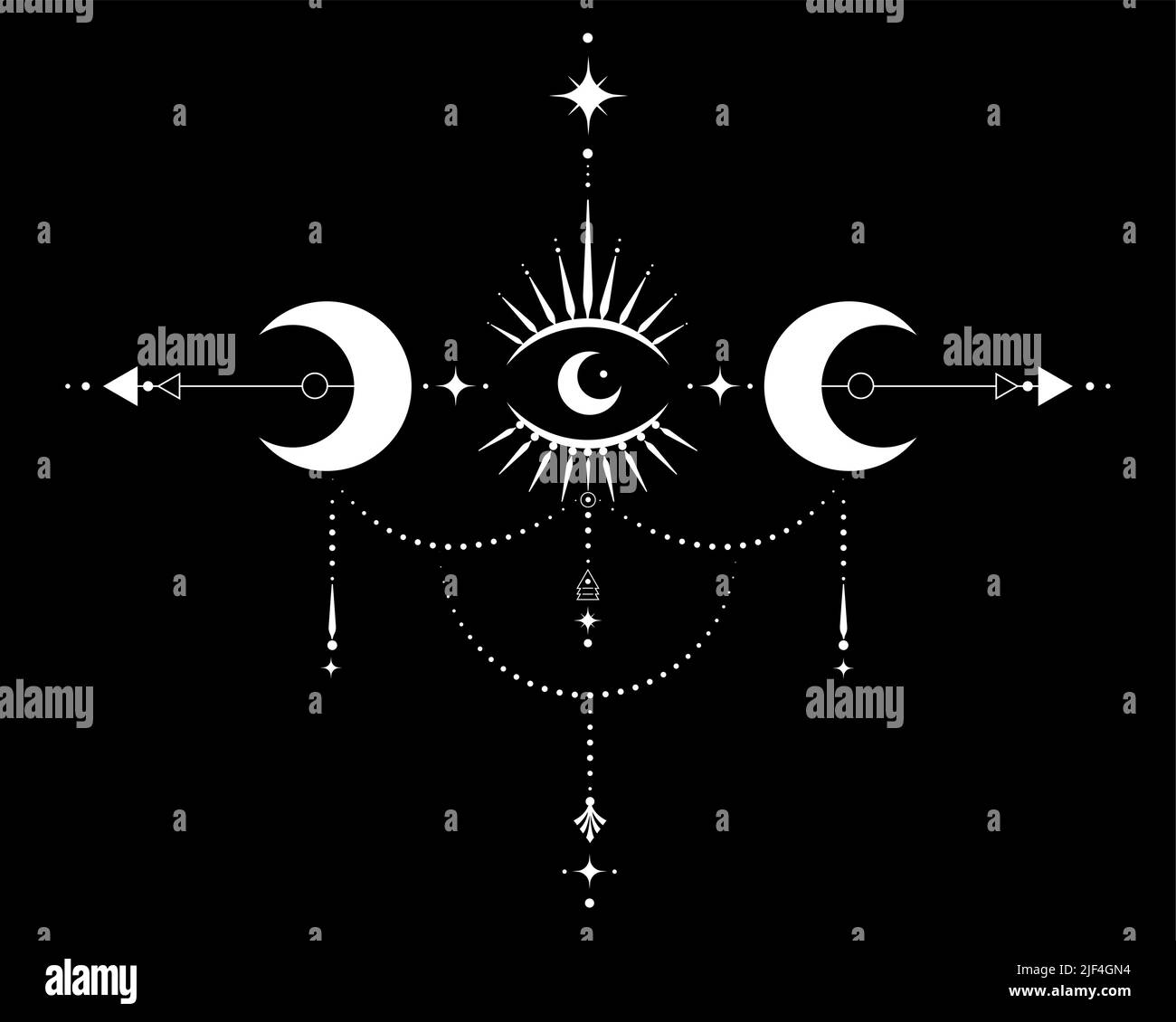 Eye of Providence. Sacred Geometry. All seeing eye inside triple moon pagan Wicca moon goddess symbol. Vector illustration isolated on black. Tattoo, Stock Vector