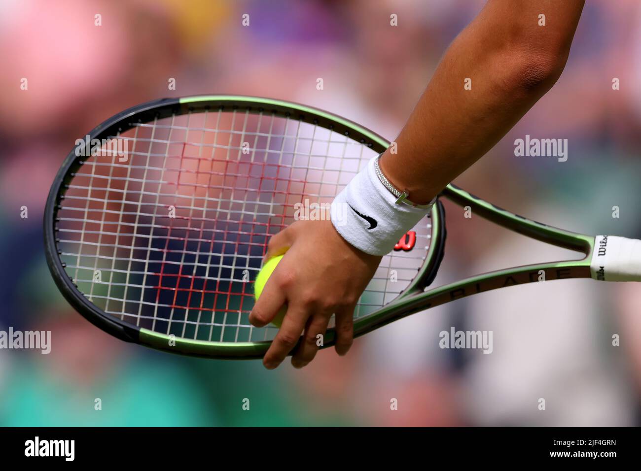 29th June 2022,  All England Lawn Tennis and Croquet Club, London, England;  Wimbledon Tennis tournament; Detail view of the Tiffany &amp; Co diamond and pearl jewellery worn by Emma Raducanu in her match with Caroline Garcia in the ladies singles Stock Photo