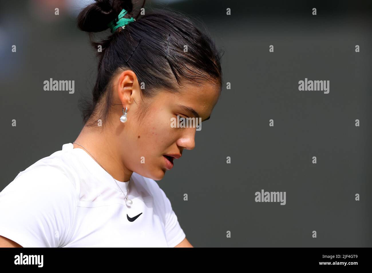 29th June 2022,  All England Lawn Tennis and Croquet Club, London, England;  Wimbledon Tennis tournament; Detail view of the Tiffany &amp; Co diamond and pearl jewellery worn by Emma Raducanu in her match with Caroline Garcia in the ladies singles Stock Photo