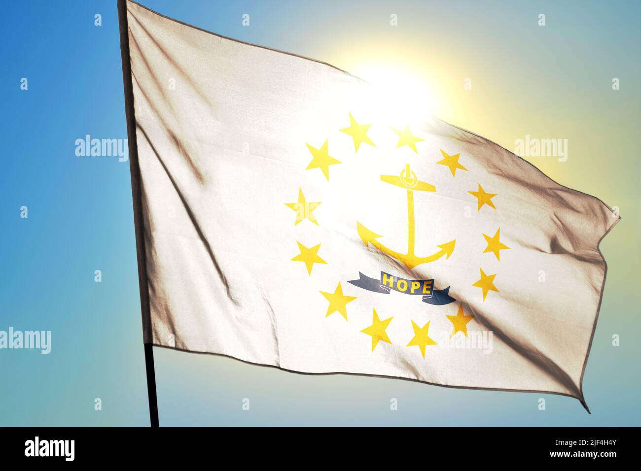 Rhode Island state of United States flag waving on the wind Stock Photo