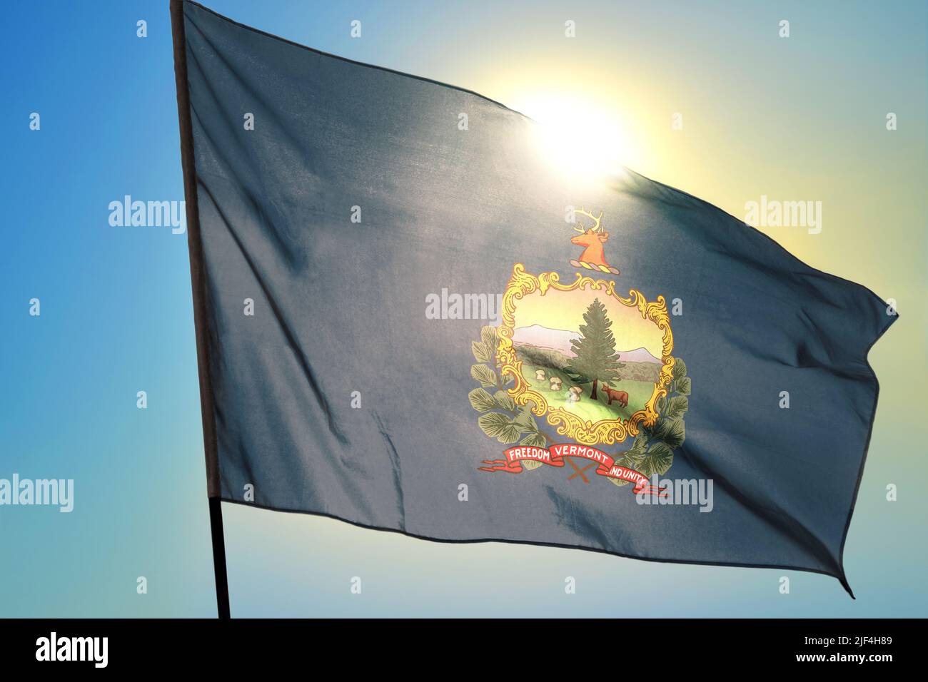 Vermont state of United States flag waving on the wind Stock Photo