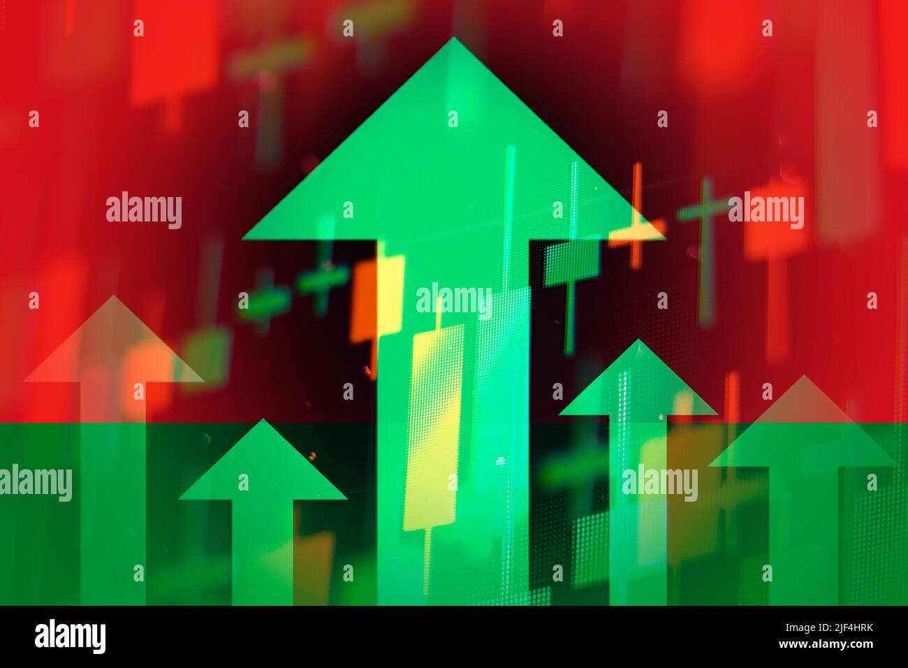 Increasing green arrows showing improvements in the economy or growth of stocks on the stock exchange in Belarus  Stock Photo