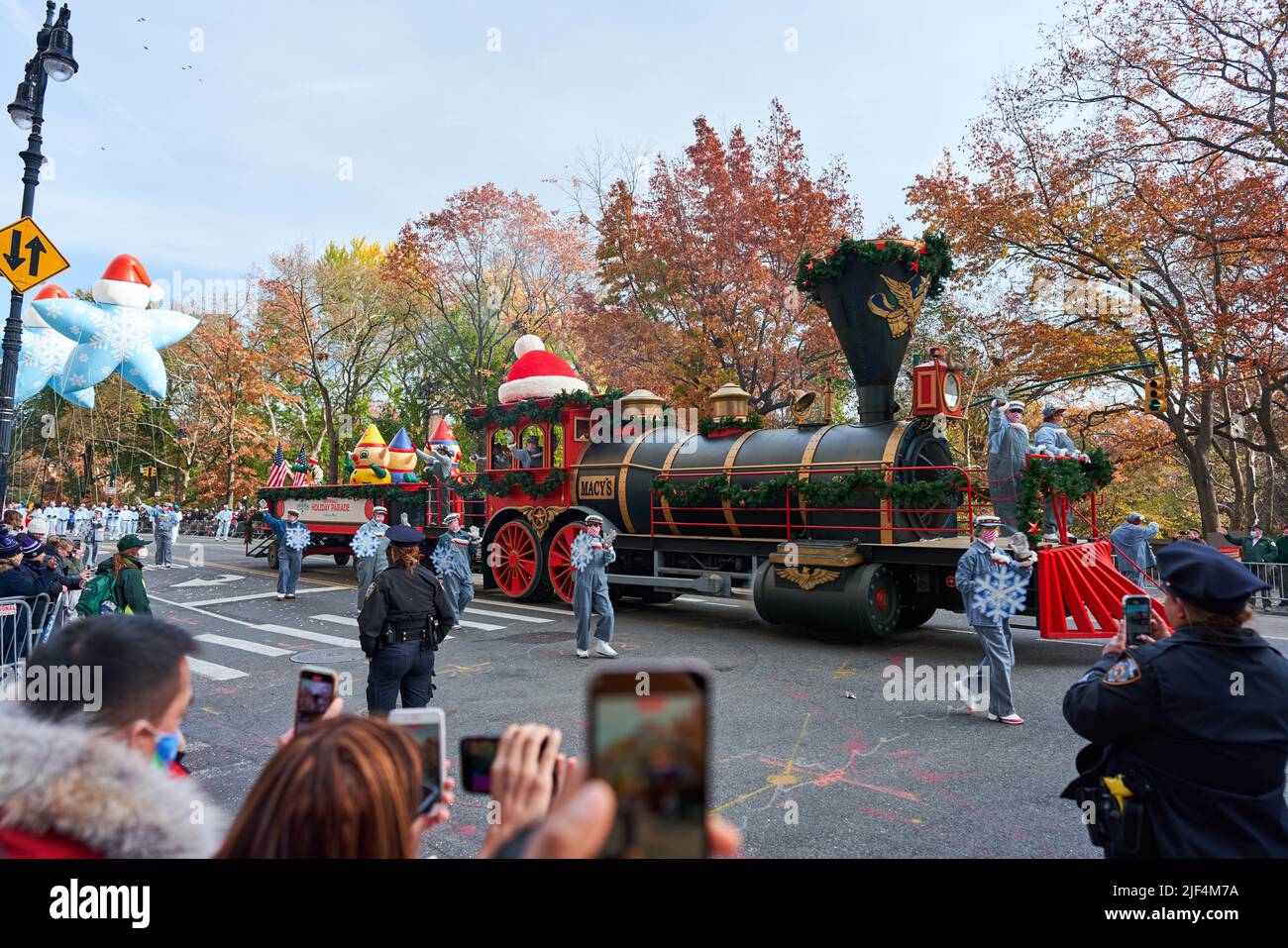 Manhattan, USA - 24. November 2021: Parade float in new York City during Thanksgiving Parade in NYC. Train locomotive parade car at Macy's Thanksgivin Stock Photo
