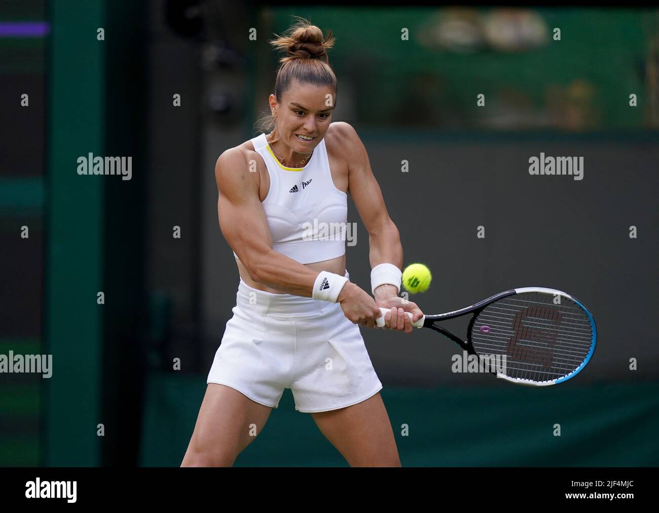 Maria Sakkari in action against Viktoriya Tomova on day three of the