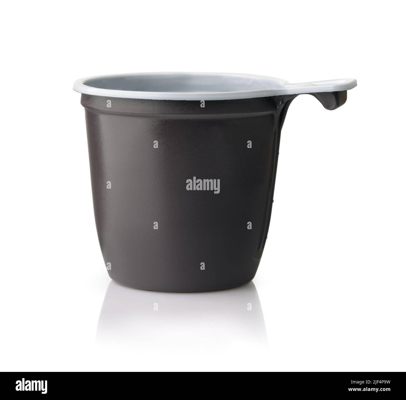 Side view of black disposable plastic coffee cup with handle isolated