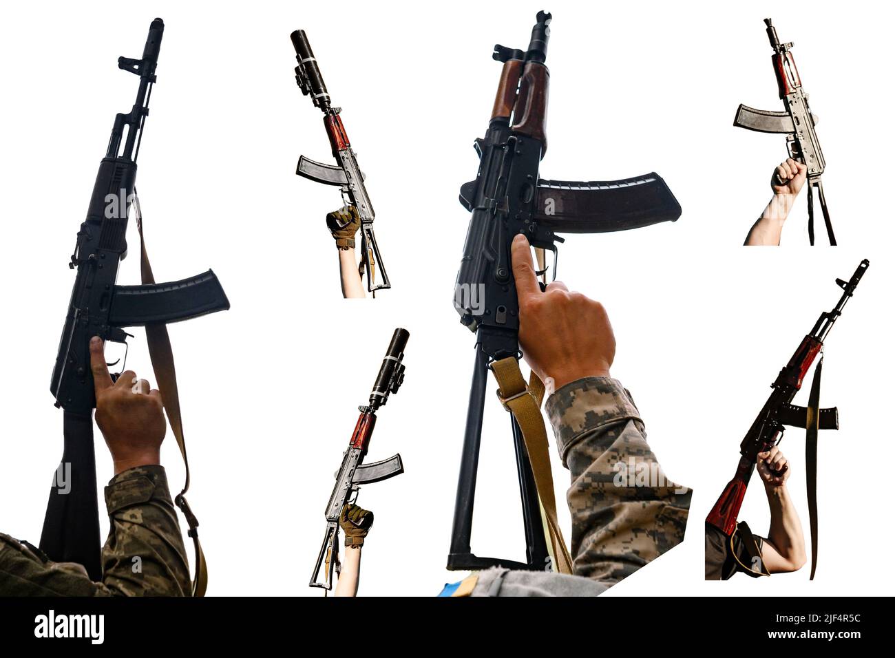 Set of combat military assault rifles AK 74 and AK 74U isolated on a white background. Stock Photo