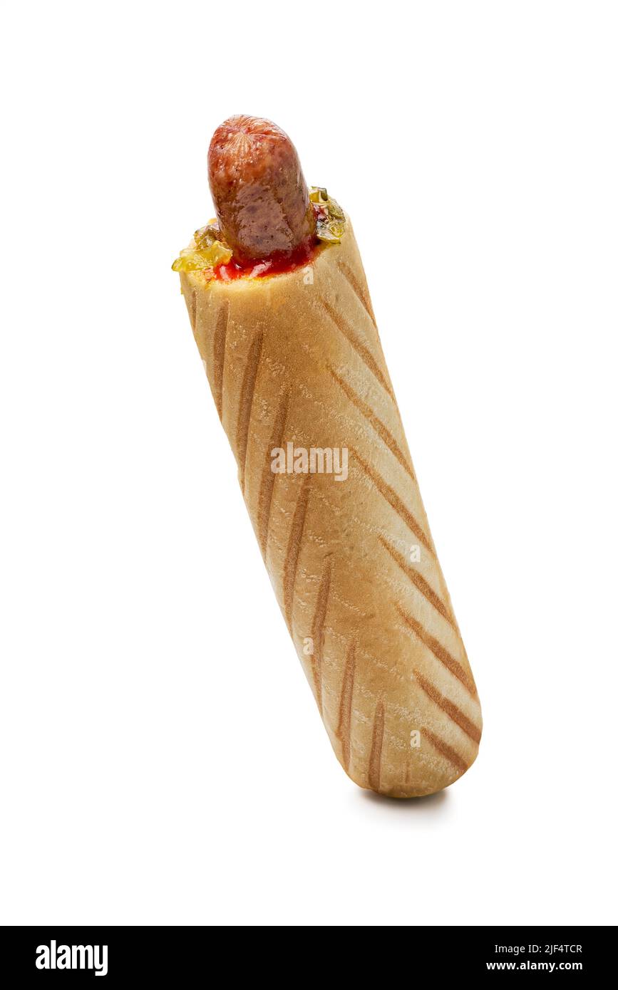French hotdog with sauce and pickles on white background Stock Photo