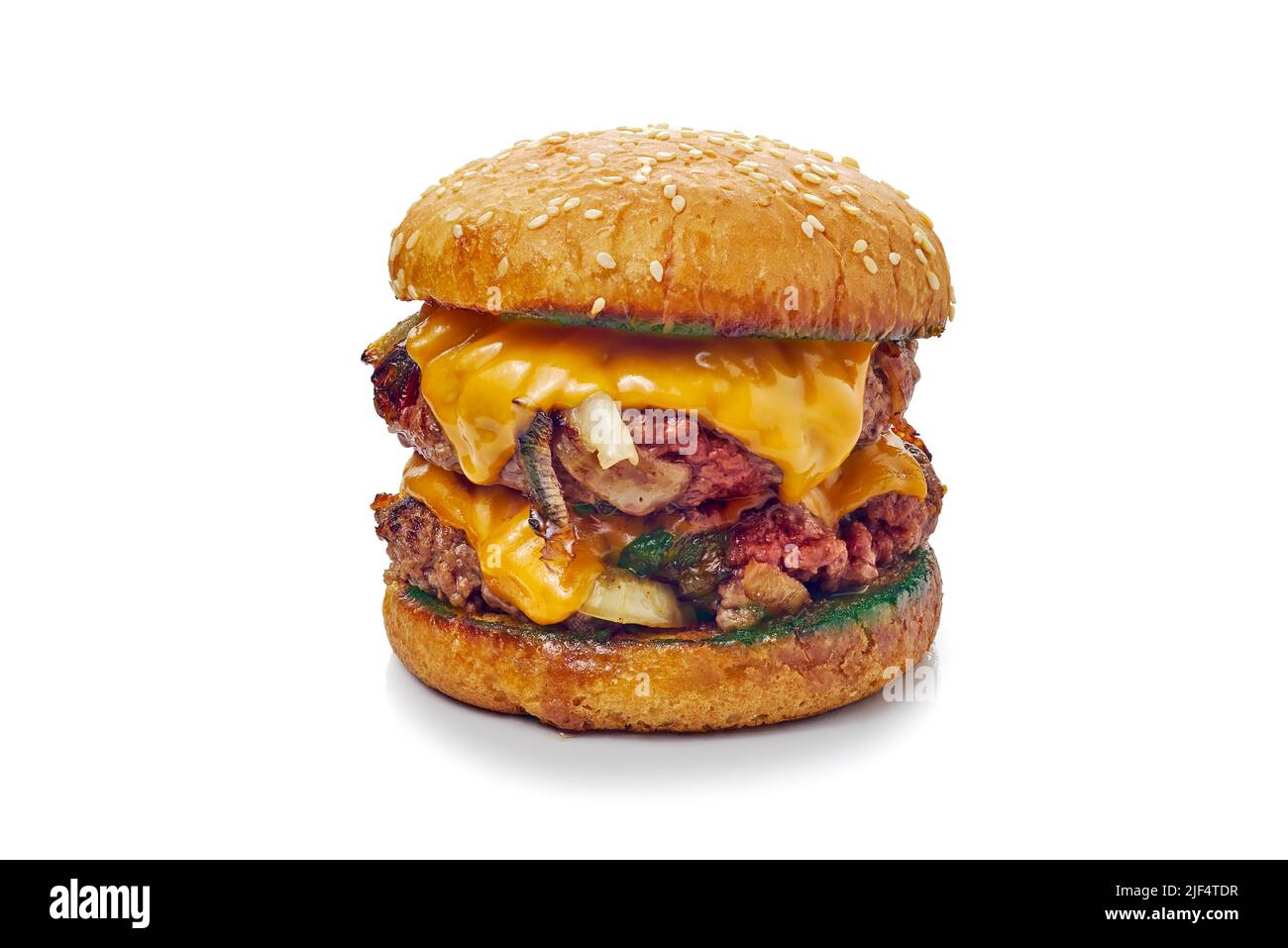 Oklahoma style burger with double patties on white background Stock Photo
