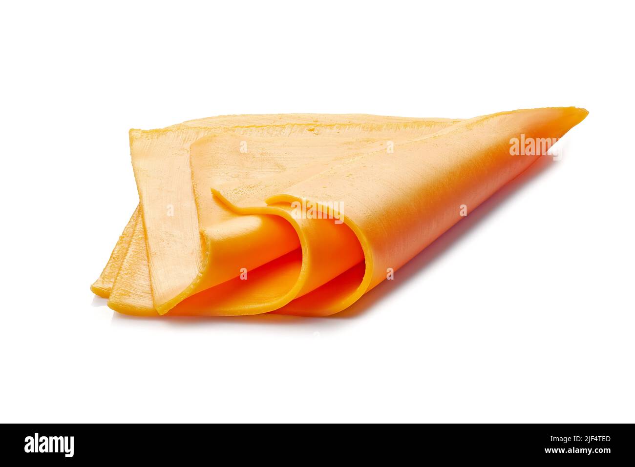 Three slices of red cheddar cheese on white background Stock Photo