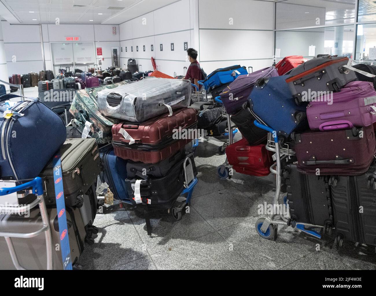 A passenger looks for his luggage among a pile of unclaimed baggage at