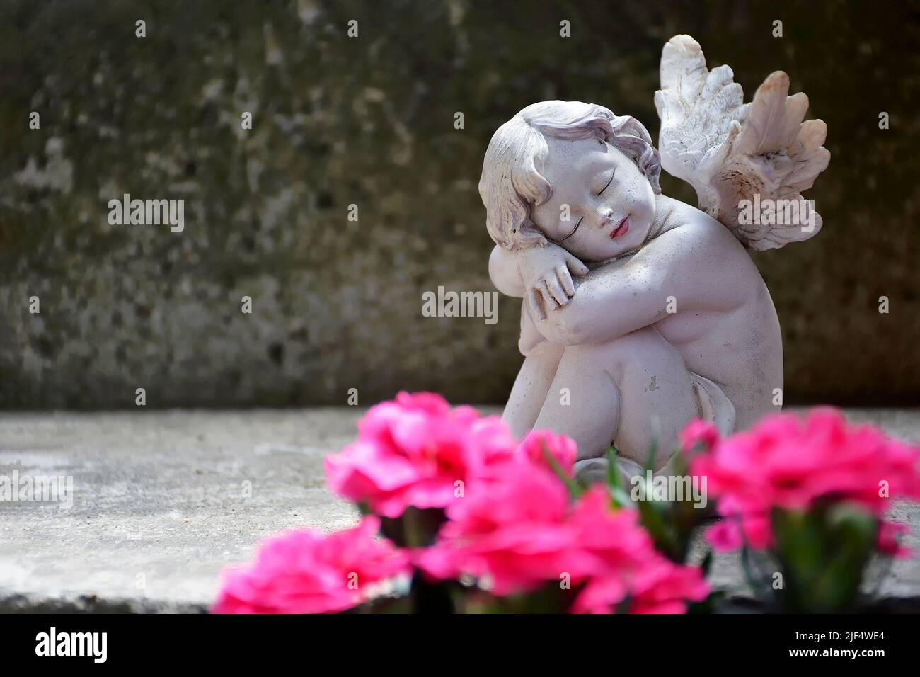 Condolence card with guardian angel sleeping on concrete background Stock Photo