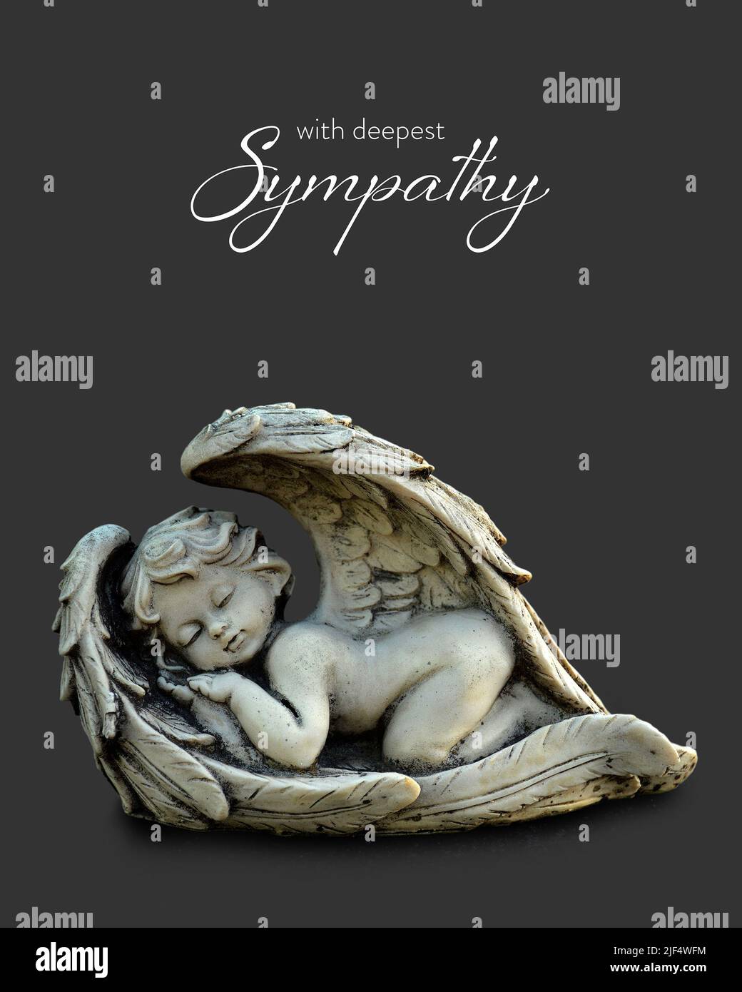 Sympathy card with sleeping angel isolated on gray background Stock Photo