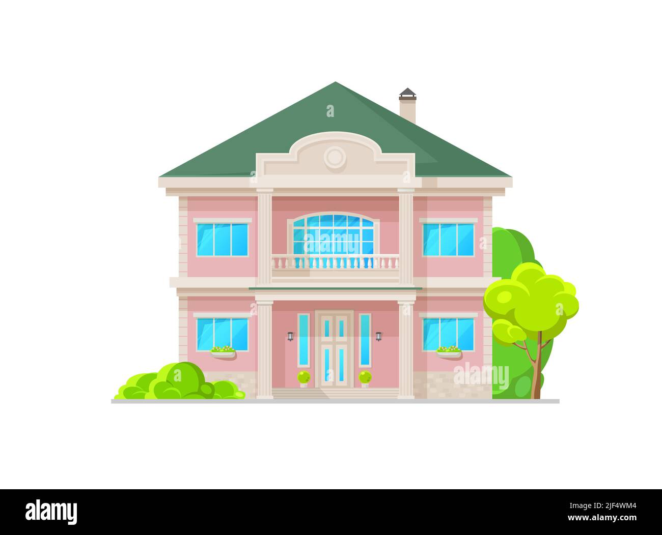 Suburban home building exterior with balcony and columns, residential neighborhood. Vector luxury house, cottage in classic style, architecture with marble pillars. Real estate mansion cartoon facade Stock Vector