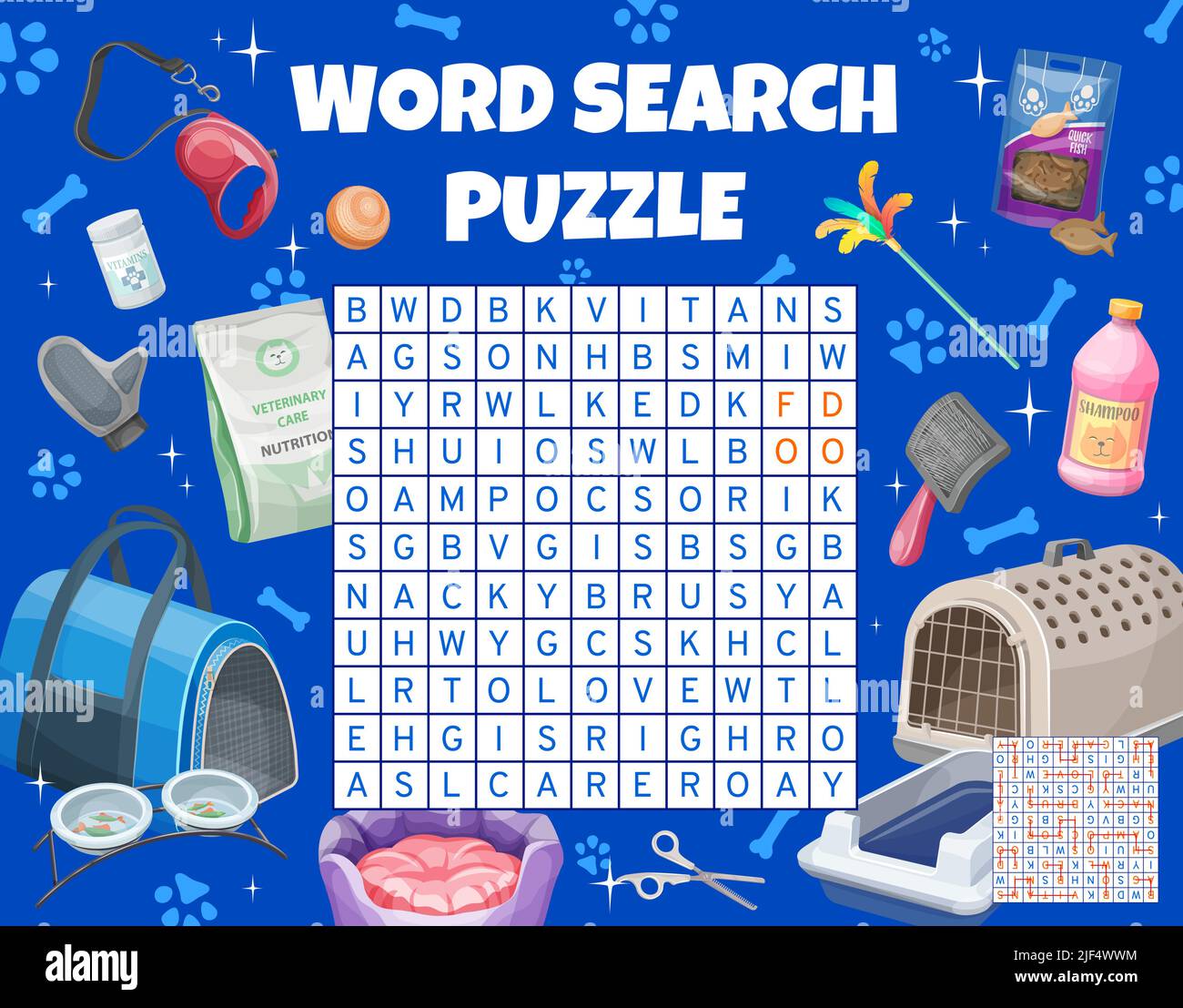 Cat and kitten pet care. Word search puzzle game worksheet. Kids quiz