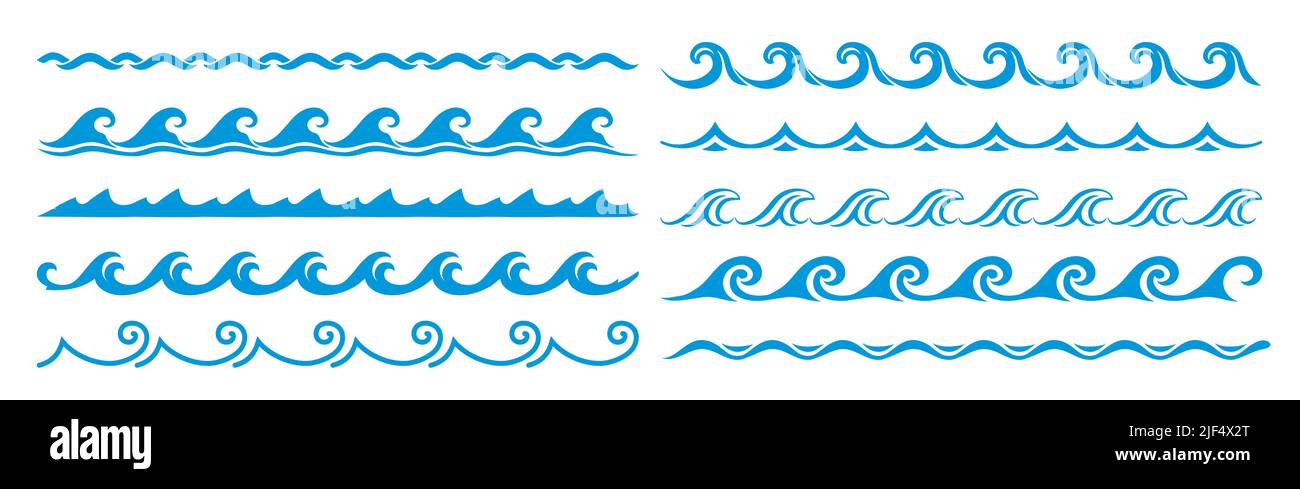 Sea and ocean surf wave lines, blue water borders and frame, vector ...