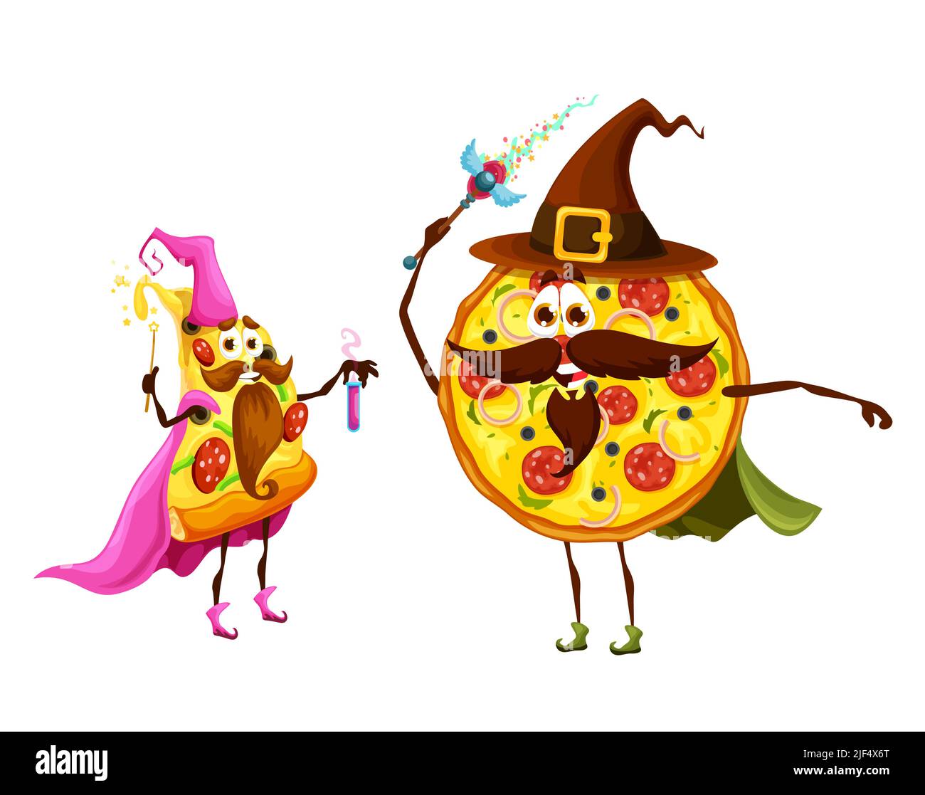 Cartoon pizza wizard characters. Funny full and piece salami pizza