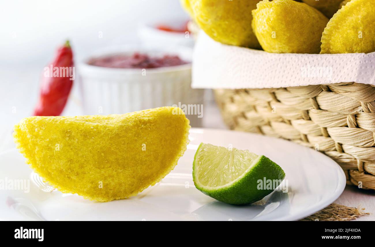 Colombian empanada, wheat flour pastry stuffed with meat and served