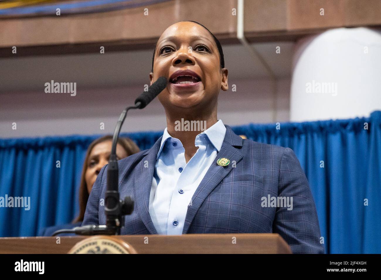 NYPD Commissioner Keechant L. Sewell speaks at a press conference at Borough of Manhattan
