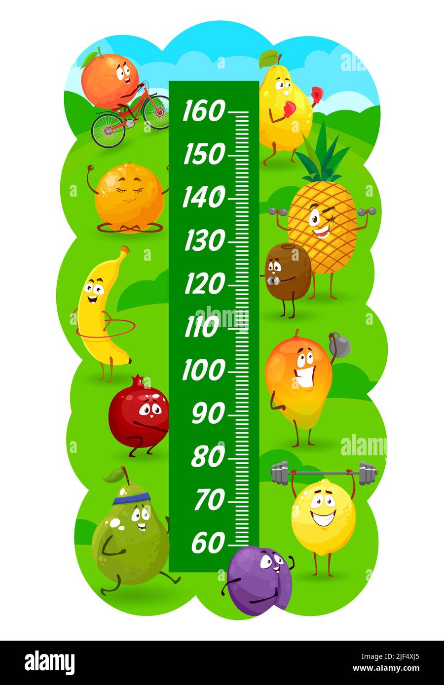 Kids height chart of fruits in sport competition and fitness. Growth