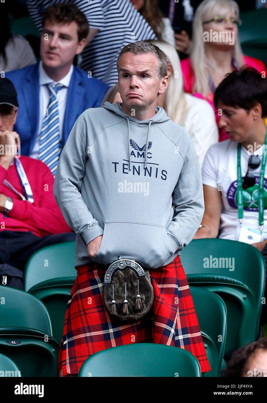 A spectator wearing a kilt on centre court during day three of the 2022  Wimbledon Championships at the All England Lawn Tennis and Croquet Club,  Wimbledon. Picture date: Wednesday June 29, 2022