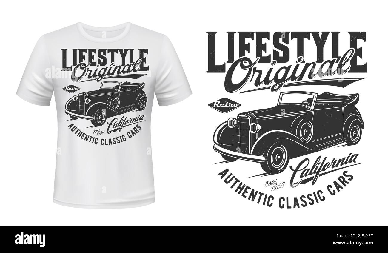 Original vintage car t-shirt vector print. Classic convertible coupe, retro cabriolet roadster illustration and typography. Lifestyle clothing custom print mockup with authentic retro automobile Stock Vector