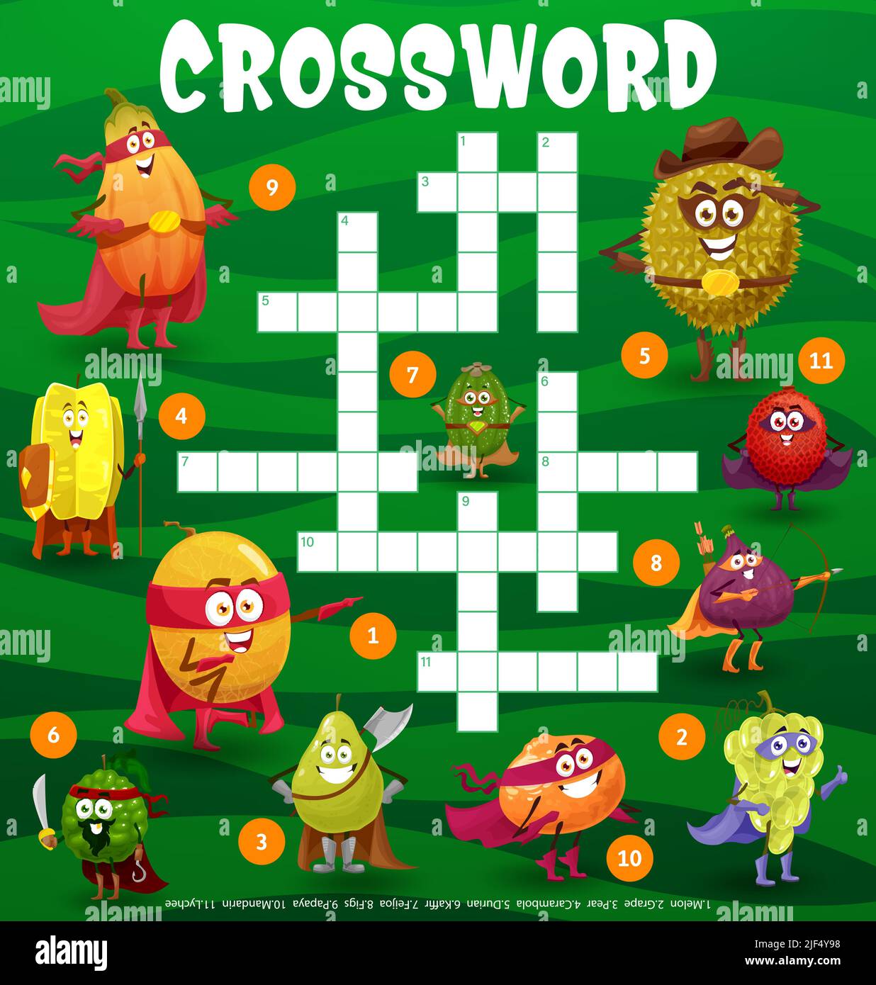 Superhero fruits crossword puzzle game grid. Children word puzzle