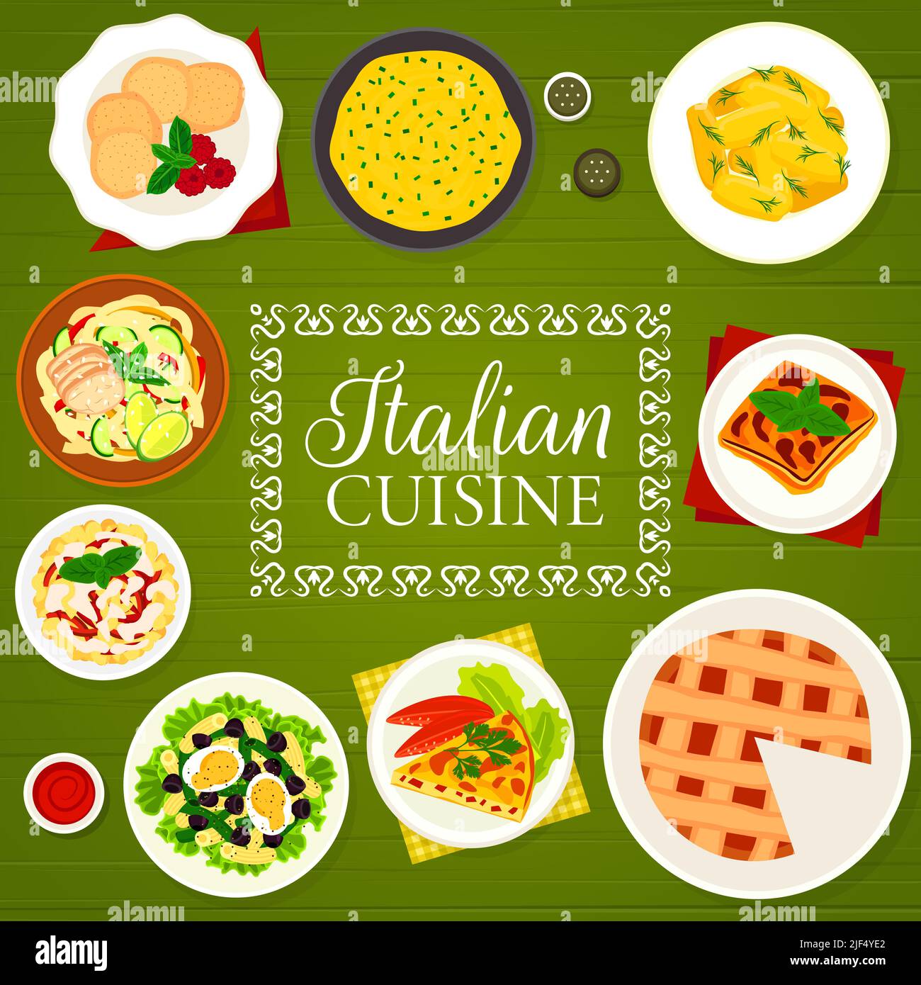 Italian cuisine menu cover. Potato Gnocchi, polenta and pie Crostata ...