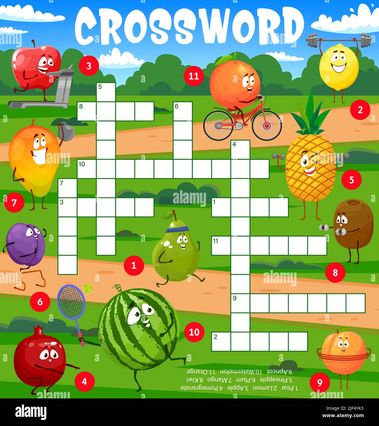 Cartoon fruits characters go in for sports crossword puzzle game grid