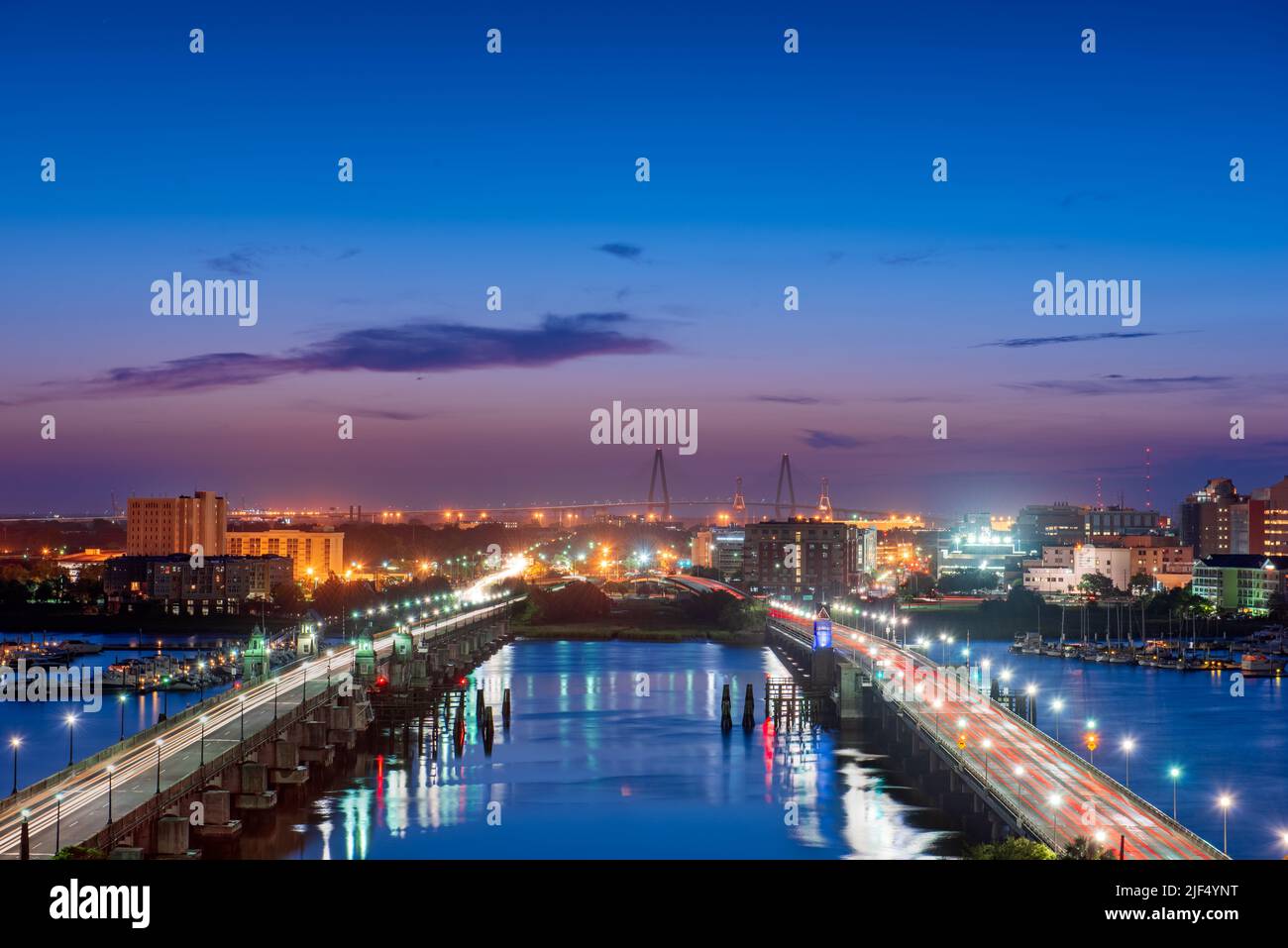 Charleston, South Carolina, USA skyline over the Ashley River at twilight. Stock Photo