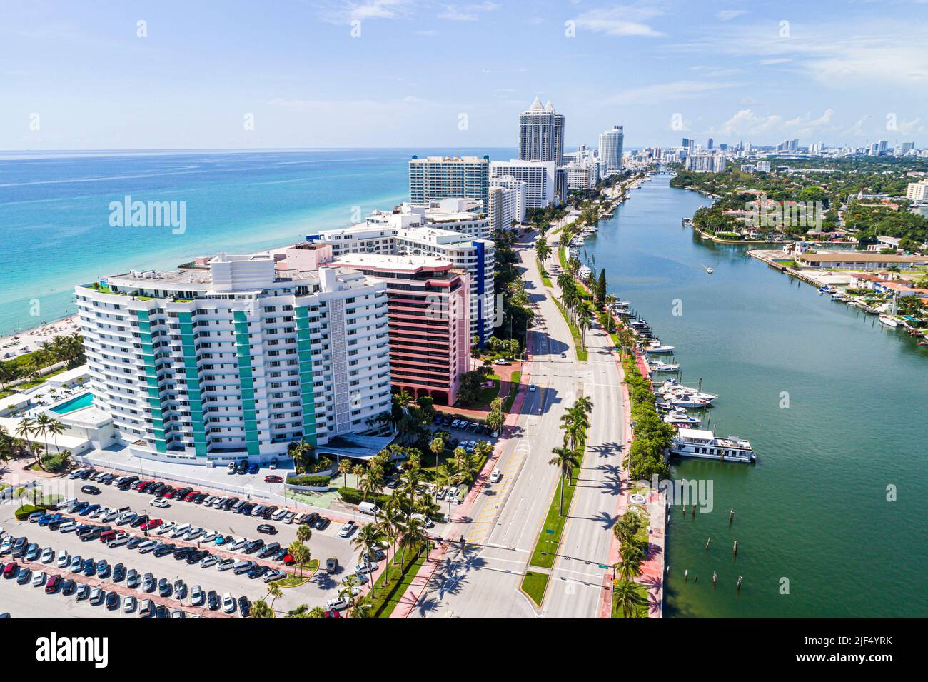 Miami Beach Florida,aerial overhead view from above,Collins Avenue Indian Creek Imperial House Condominium building,The Alexander Oceanfront Resort,At Stock Photo