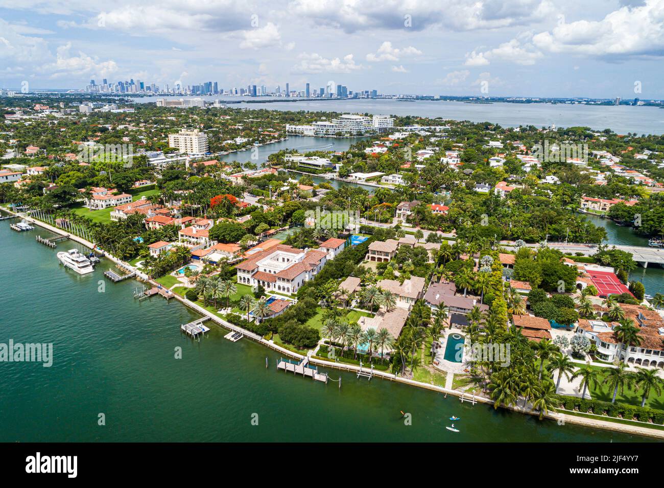 Miami Beach Florida,aerial overhead view from above,Pine Tree Drive waterfront mansions estates homes houses residences,Indian Creek Biscayne Bay city Stock Photo