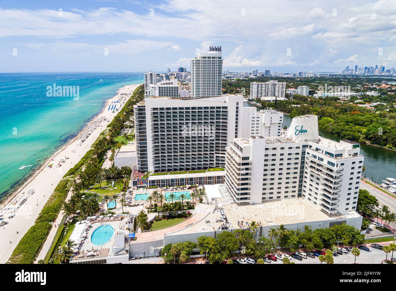 Miami Beach Florida,aerial overhead view from above,Atlantic Ocean shore shoreline public beachfront waterfront hotels condominium buildings,Eden Roc Stock Photo