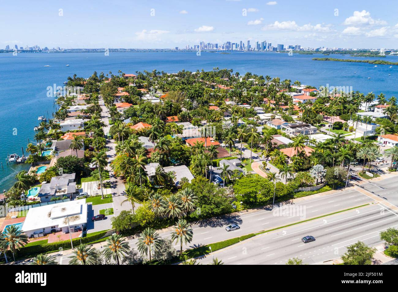 North Bay Village Florida,Miami Biscayne Bay,aerial overhead view from above,79th Street John F Kennedy Causeway North Bay Island neighborhood homes h Stock Photo