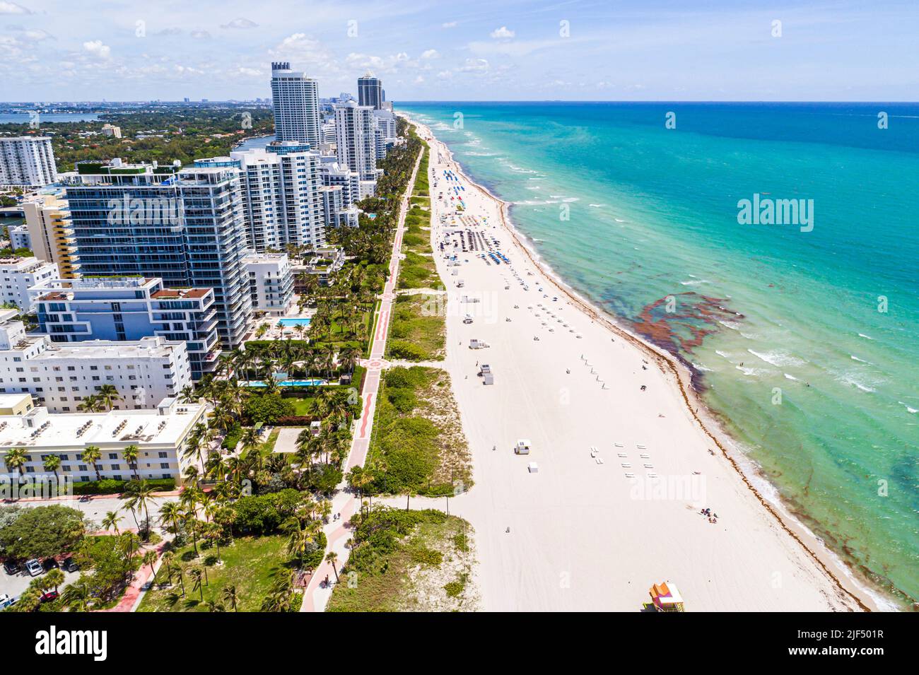 Miami Beach Florida,aerial overhead view from above,condominium buildings beachfront waterfront oceanfront,Atlantic Ocean shore shoreline public beach Stock Photo