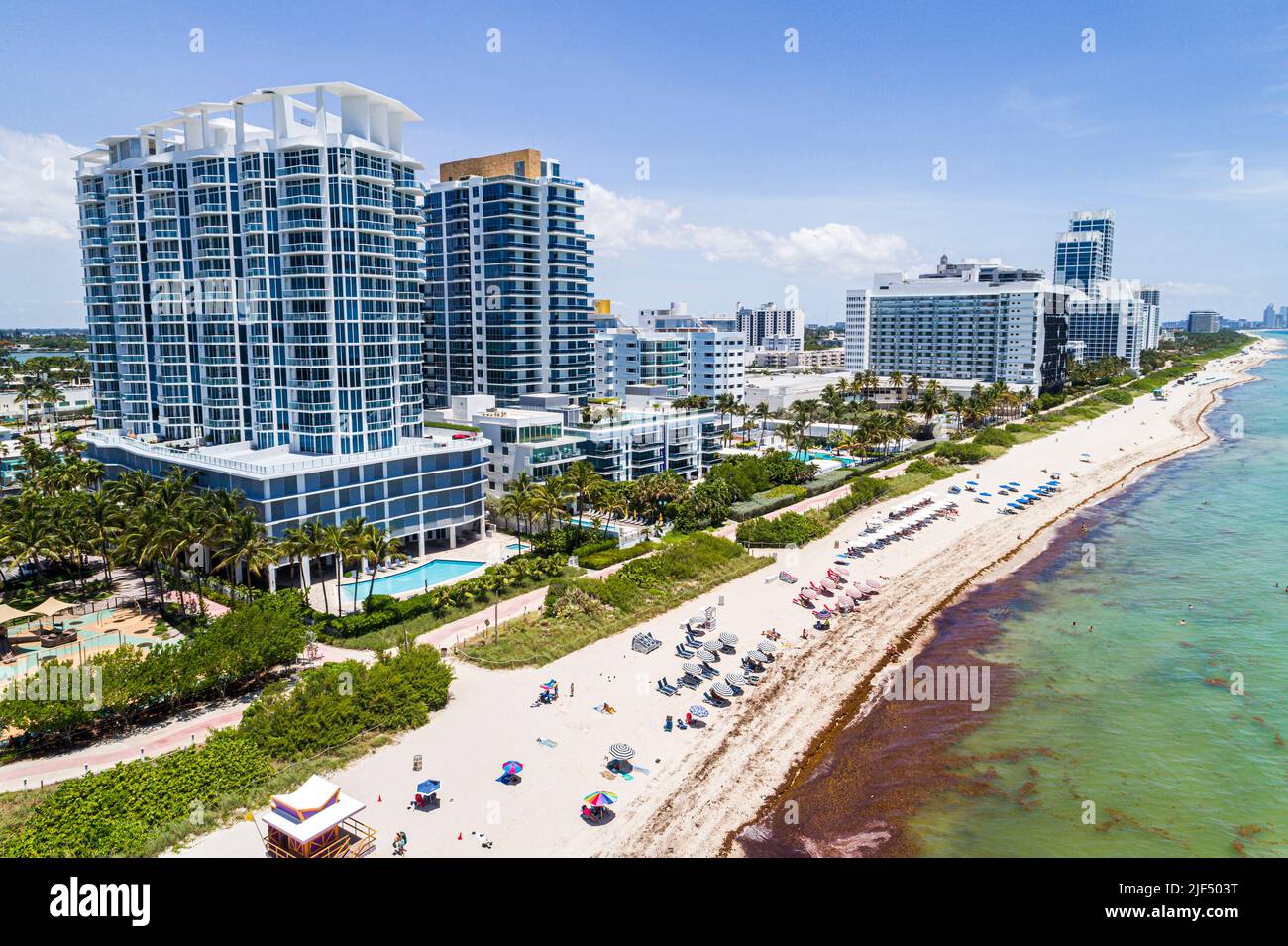Miami Beach Florida,aerial overhead view from above,Atlantic Ocean shore shoreline oceanfront beachfront public waterfront,Bel Aire On the Ocean Condo Stock Photo