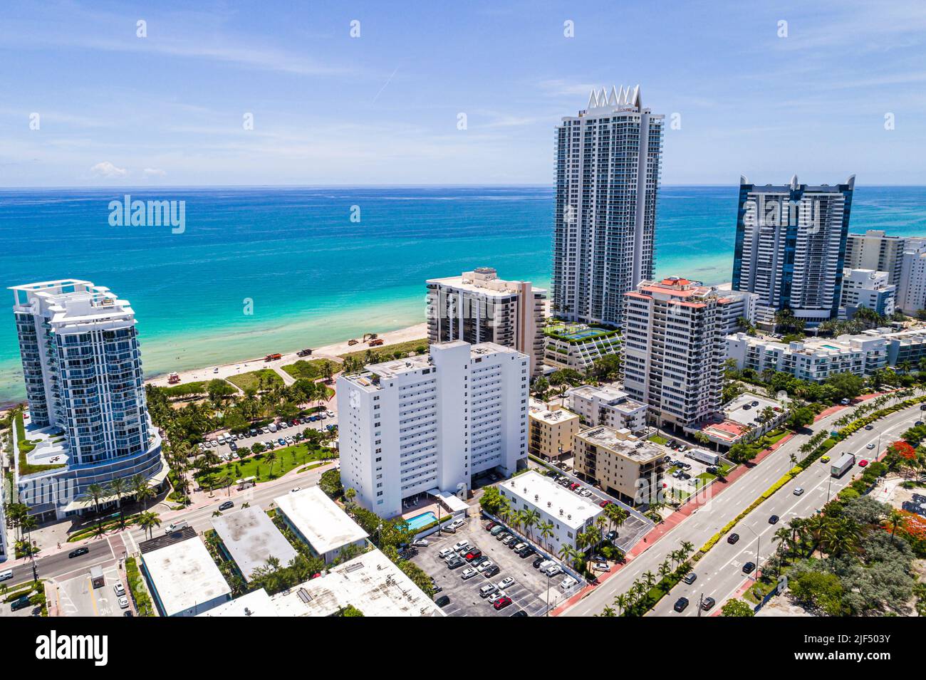Miami Beach Florida,aerial overhead view from above,Atlantic Ocean oceanfront beachfront waterfront condominium buildings,Akoya high rise condominiums Stock Photo