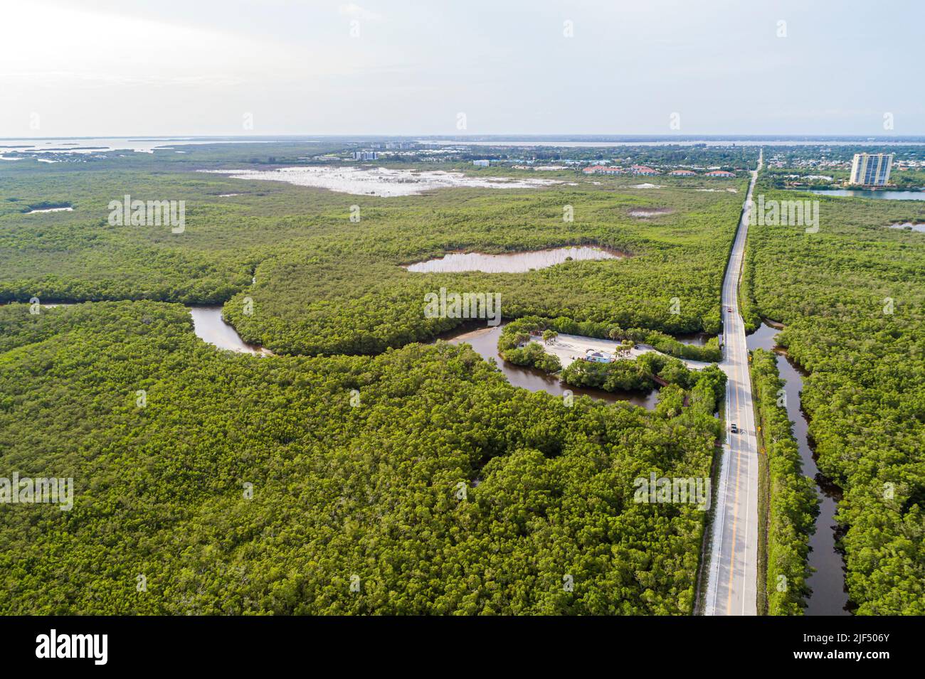 Fort Ft. Myers Florida,San Carlos Bay Bunche Beach Preserve wetlands,natural scenery aerial overhead view from above,John Morris Road Stock Photo
