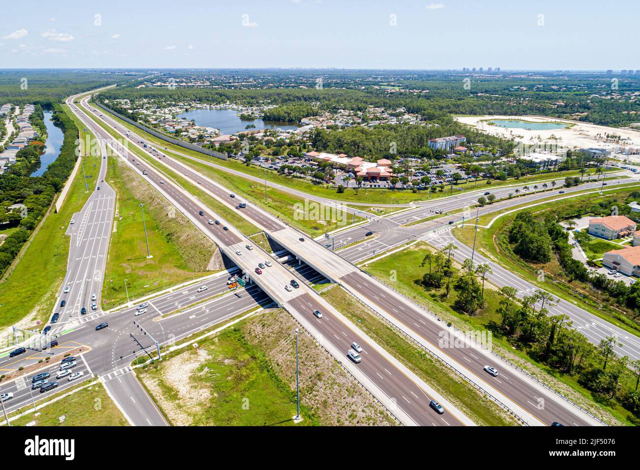 Estero Florida,intersection Interstate 75 I-75 highway Corkscrew Road,aerial overhead from above view Stock Photo