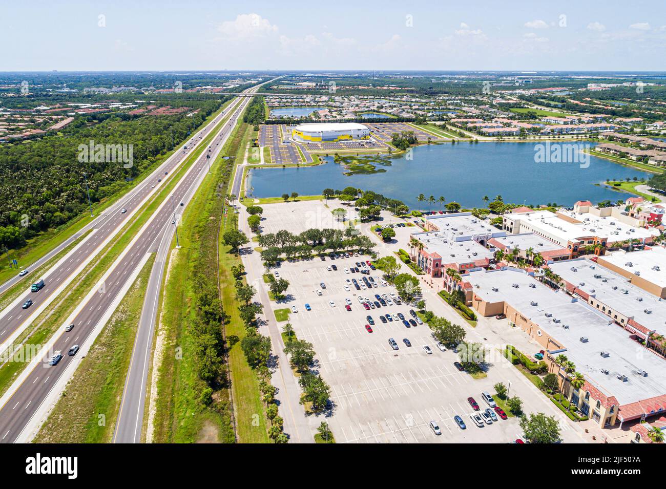 Estero Florida,intersection Interstate 75 I-75 highway,aerial overhead from above view,Miromar Outlets designer name brand factory outlet shopping mal Stock Photo