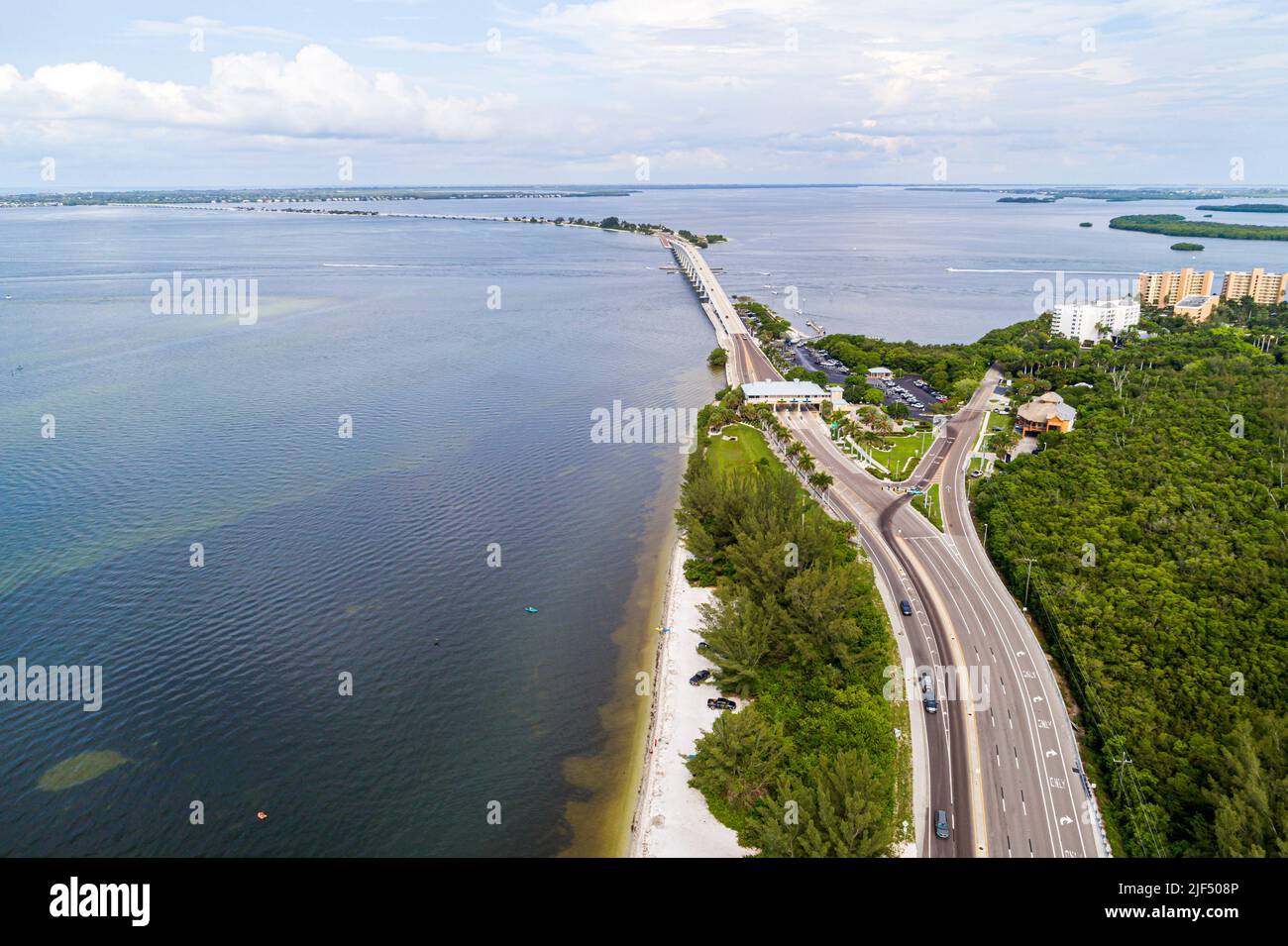 Fort Ft. Myers Florida,McGregor Boulevard Sanibel Island Causeway toll gate facility,aerial overhead view from above,natural scenery Stock Photo