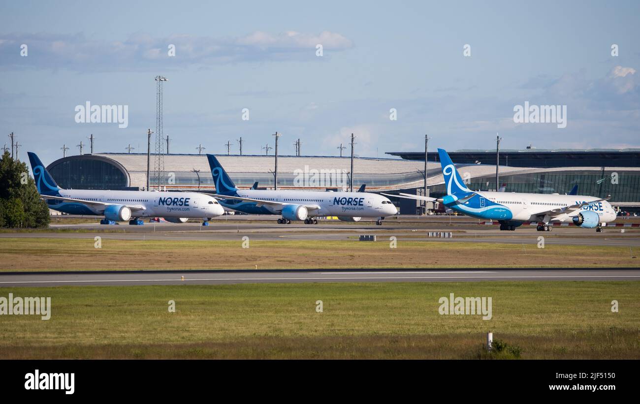 Boeing 787 Dreamliner aircraft fleet of norwegian carrier Norse Fly on ground at airport Oslo Gardermoen in Norway Stock Photo