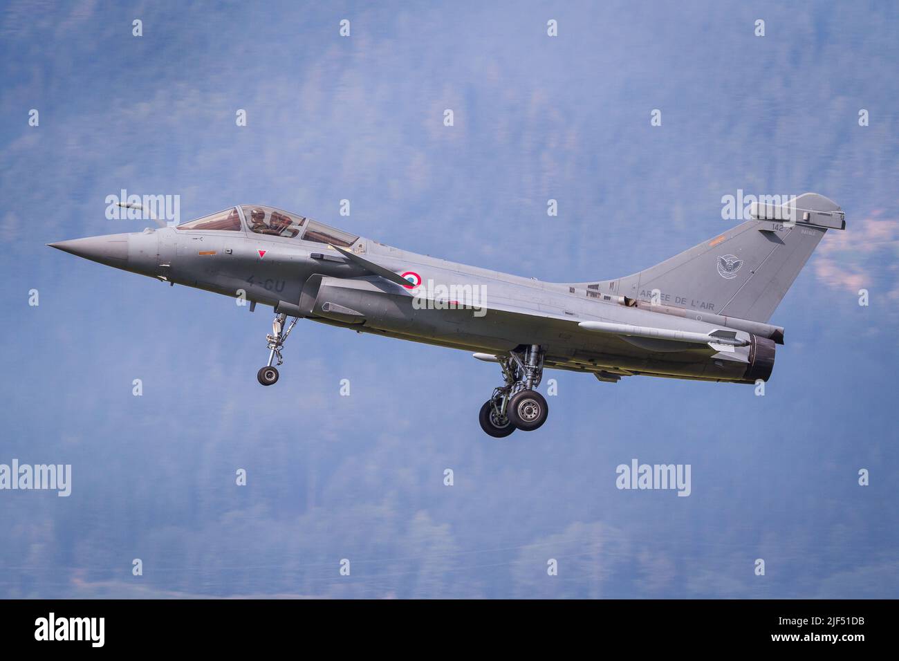 A french Air Force Dassaul Rafale fighter jet landing with gear down Stock Photo