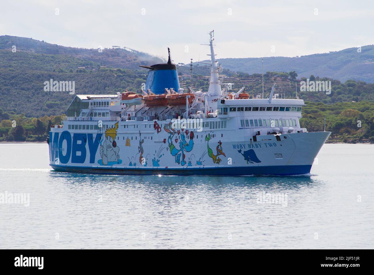 Ferry ship Moby Baby Two of carrier Moby Lines arriving in the port of Portoferraio at the island of Elba Stock Photo