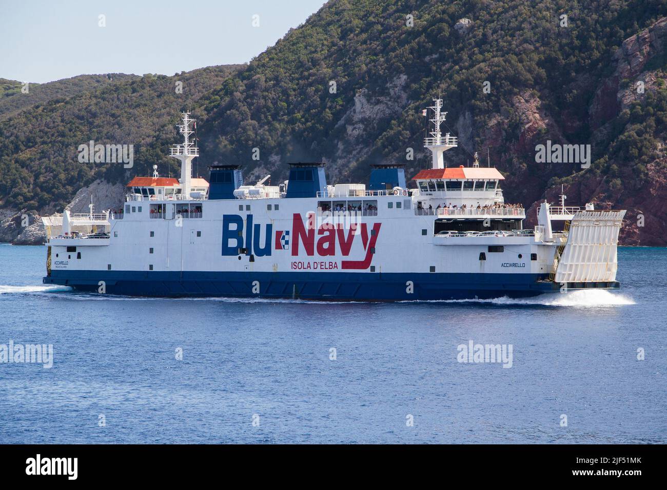 Ferry ship Acciarello of carrer Blu Navy arriving in the port of Portoferraio at the island of elba Stock Photo