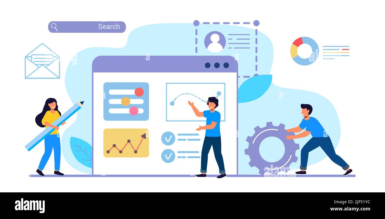 Building website project as programming homepage process Tiny person Vector illustration concepts for website and mobile website development. Abstract Stock Vector