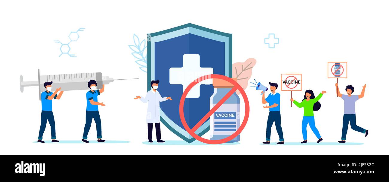 Anti vaccination protest Flat vector illustration Vaccine refusal Mandatory immunization Vaccination hesitancy No vax concept. Patients with doctor an Stock Vector